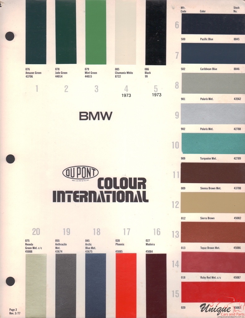 1973 BMW International Paint Charts DuPont 2
